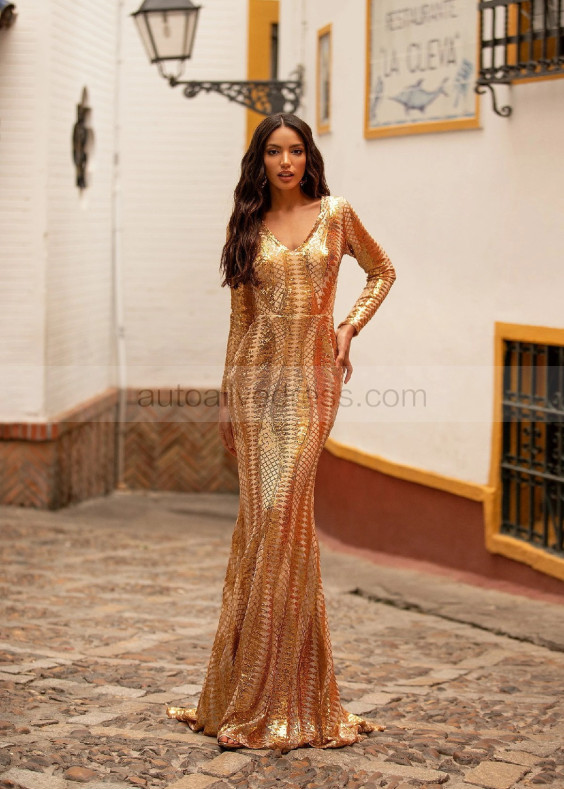 Long Sleeves Gold Sequin Fabulous Evening Dress