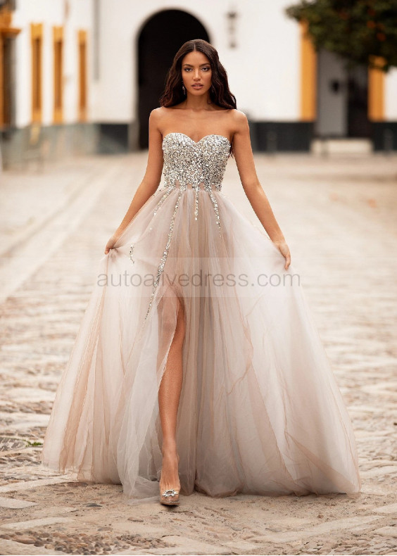 Strapless Sweetheart Neck Beaded Silver Tulle Slit Evening Dress