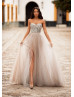 Strapless Sweetheart Neck Beaded Silver Tulle Slit Evening Dress