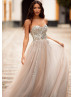 Strapless Sweetheart Neck Beaded Silver Tulle Slit Evening Dress