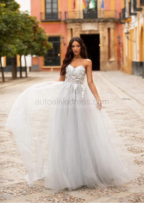 Strapless Beaded Light Grey Tulle 3D Flowers Evening Dress