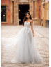 Strapless Beaded Light Gray Tulle 3D Flowers Evening Dress