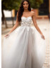 Strapless Beaded Light Gray Tulle 3D Flowers Evening Dress