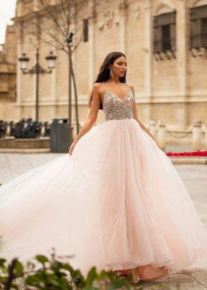 Beaded Baby Pink Tulle Cross Back Dreamy Evening Dress Beaded Baby Pink Tulle Cross Back Dreamy Evening Dress