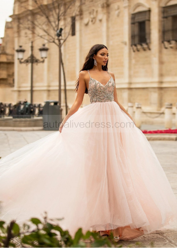 Beaded Baby Pink Tulle Cross Back Dreamy Evening Dress Beaded Baby Pink Tulle Cross Back Dreamy Evening Dress