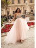 Beaded Baby Pink Tulle Cross Back Dreamy Evening Dress
