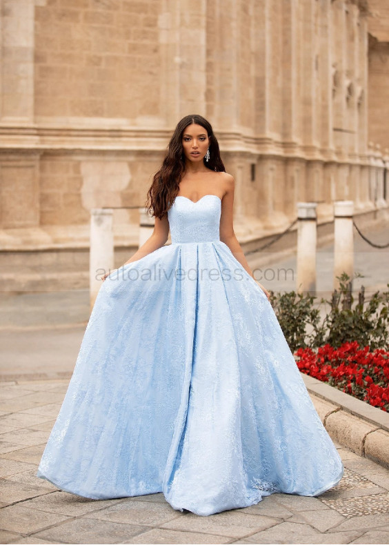 Strapless Sky Blue Lace Corset Back Evening Dress