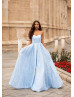 Strapless Sky Blue Lace Corset Back Evening Dress