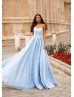 Strapless Sky Blue Lace Corset Back Evening Dress