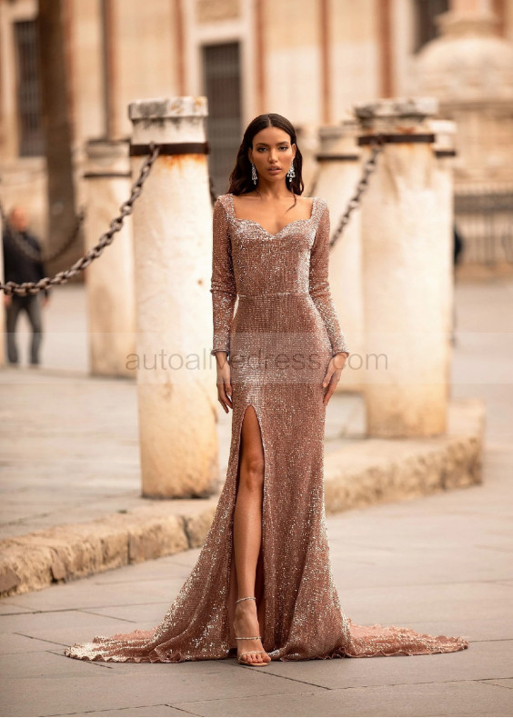 Long Sleeves Rose Gold Sequin Scoop Back Slit Evening Dress