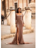 Long Sleeves Rose Gold Sequin Scoop Back Slit Evening Dress