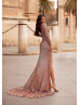 Long Sleeves Rose Gold Sequin Scoop Back Slit Evening Dress