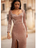 Long Sleeves Rose Gold Sequin Scoop Back Slit Evening Dress