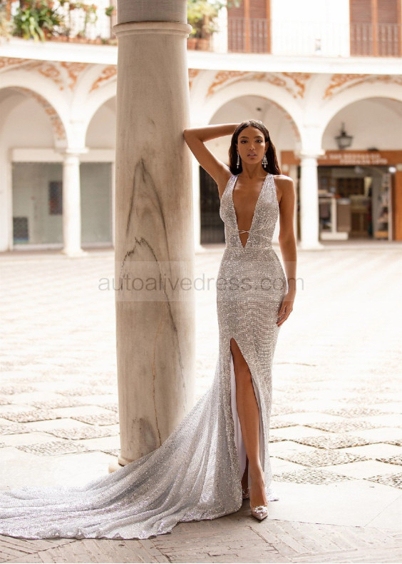 Plunging Neck Silver Sequin Slit Evening Dress