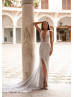 Plunging Neck Silver Sequin Slit Evening Dress