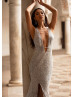 Plunging Neck Silver Sequin Slit Evening Dress