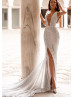 Plunging Neck Silver Sequin Slit Evening Dress Plunging Neck Silver Sequin Slit Evening Dress