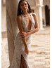 Plunging Neck Silver Sequin Slit Evening Dress