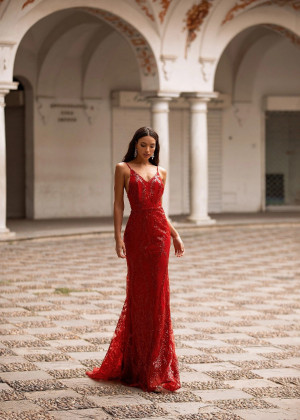 V Neck Deep Red Sequin Backless Evening Dress