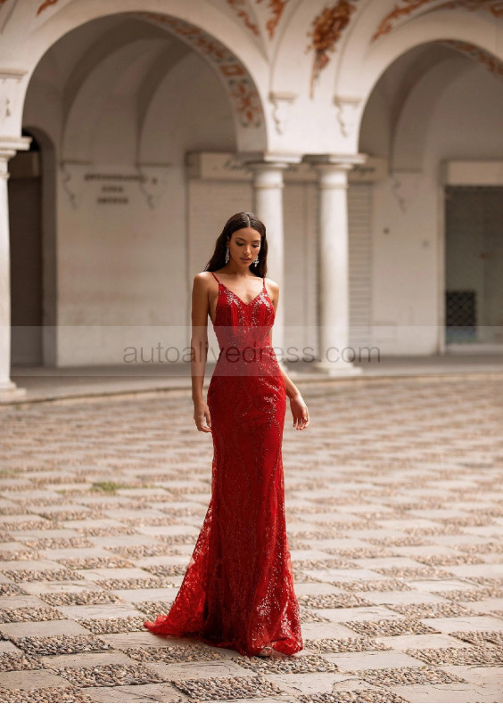 V Neck Deep Red Sequin Backless Evening Dress