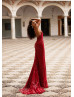 V Neck Deep Red Sequin Backless Evening Dress