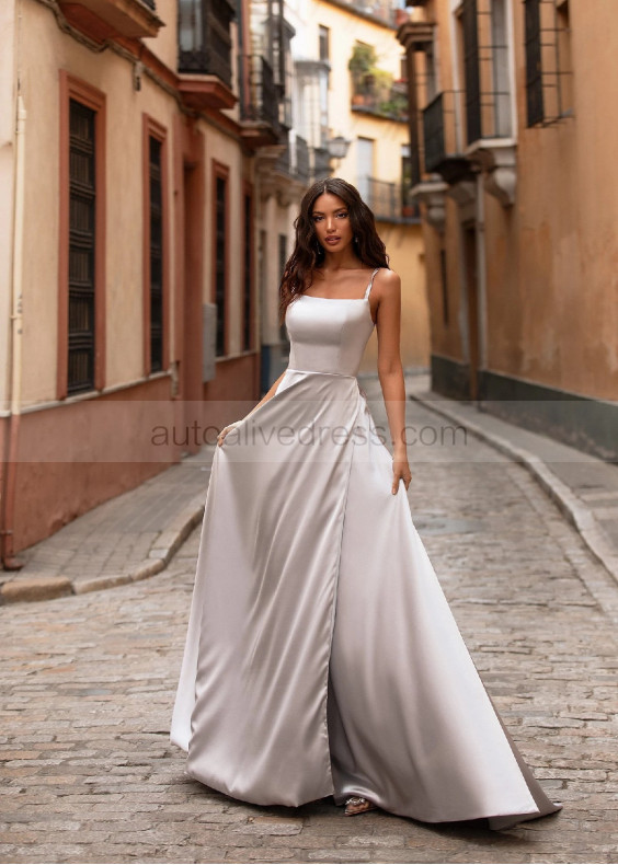 Ice Grey Satin Hidden Slit Evening Dress