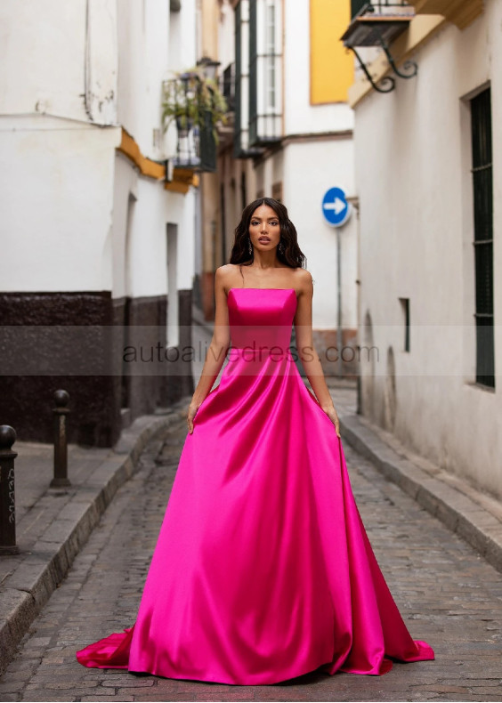 Strapless Straight Neck Fuchsia Satin Modern Evening Dress