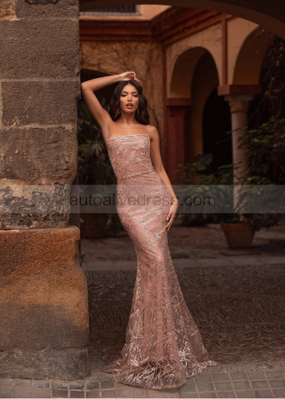 Straight Neck Pink Glittering Tulle Evening Dress