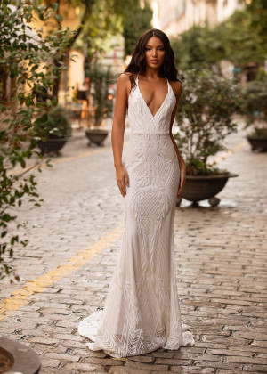 Plunging Neck Ivory Sequin Cross Back Sexy Evening Dress