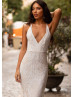 Plunging Neck Ivory Sequin Cross Back Sexy Evening Dress