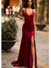 Burgundy Satin Side Slit Lace-up Back Evening Dress