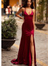 Burgundy Satin Side Slit Lace-up Back Evening Dress Burgundy Satin Side Slit Lace-up Back Evening Dress