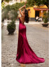 Burgundy Satin Side Slit Lace-up Back Evening Dress