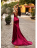 Burgundy Satin Side Slit Lace-up Back Evening Dress Burgundy Satin Side Slit Lace-up Back Evening Dress