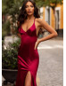 Burgundy Satin Side Slit Lace-up Back Evening Dress