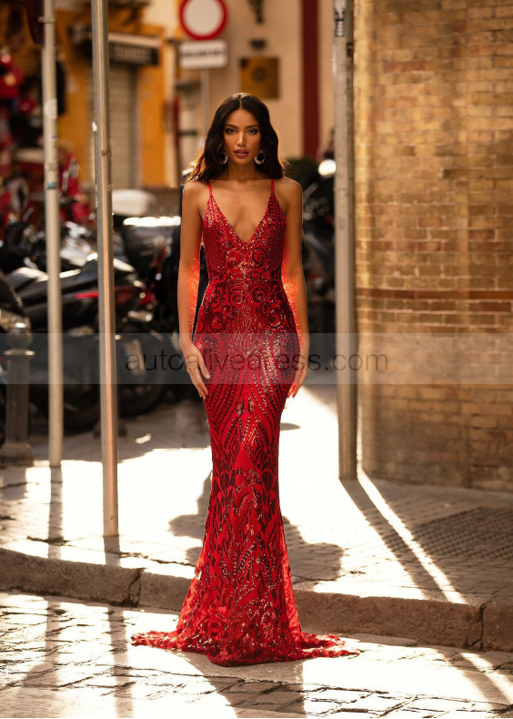 Thin Adjustable Straps Red Sequin Evening Dress