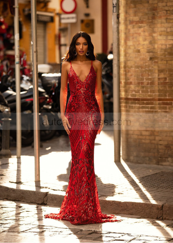 Thin Adjustable Straps Red Sequin Evening Dress Thin Adjustable Straps Red Sequin Evening Dress