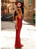 Thin Adjustable Straps Red Sequin Evening Dress