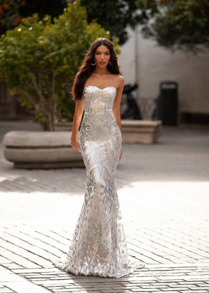 Strapless Sweetheart Neck Silver Sequin Evening Dress