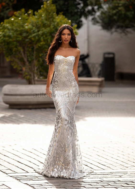 Strapless Sweetheart Neck Silver Sequin Evening Dress