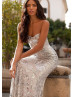 Strapless Sweetheart Neck Silver Sequin Evening Dress