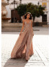 Cowl Neck Rose Gold Sequin Hidden Slit Evening Dress