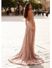 Cowl Neck Rose Gold Sequin Hidden Slit Evening Dress