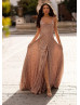 Cowl Neck Rose Gold Sequin Hidden Slit Evening Dress