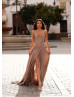 Cowl Neck Rose Gold Sequin Hidden Slit Evening Dress