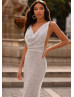 Cowl Neck Silver Sequin Exposed Back Evening Dress