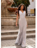 Cowl Neck Silver Sequin Exposed Back Evening Dress