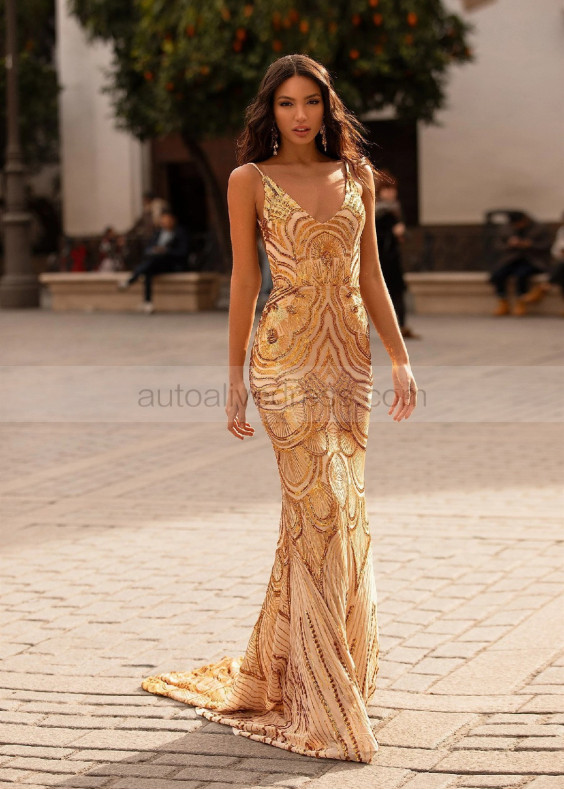 Deep V Neck Gold Sequin Low Back Evening Dress