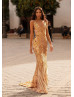 Deep V Neck Gold Sequin Low Back Evening Dress