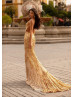 Deep V Neck Gold Sequin Low Back Evening Dress